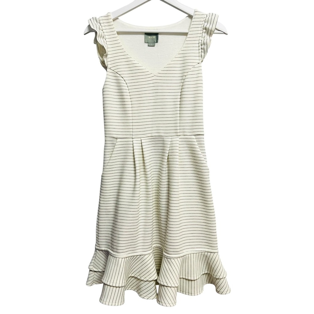 Maeve Anthropologie Fit & Flare Ruffle Hem Dress Ivory Black Striped Size 2